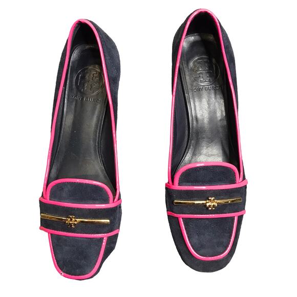 Tory Burch Nora Navy Blue/Pink Suede Loafers Size: 6.5 - Picture 2 of 7